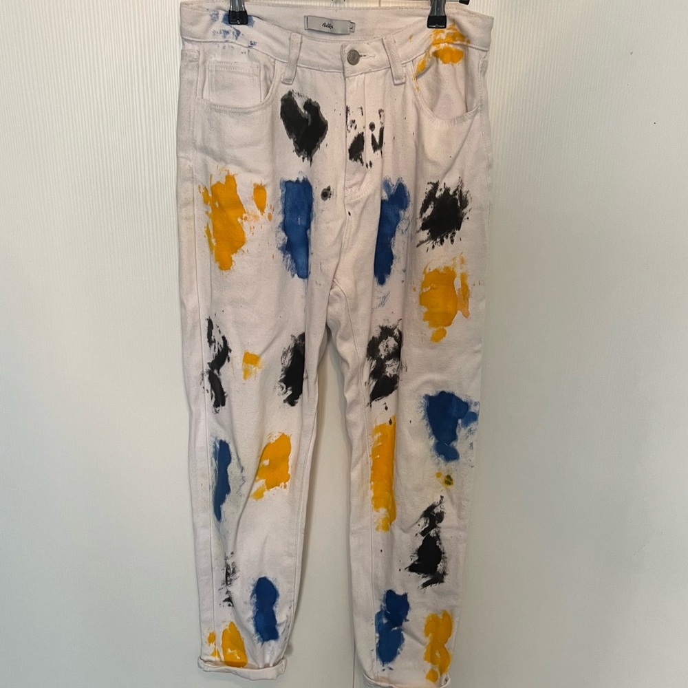 White denim painted jeans blue and yellow adika pants size L unique jeans